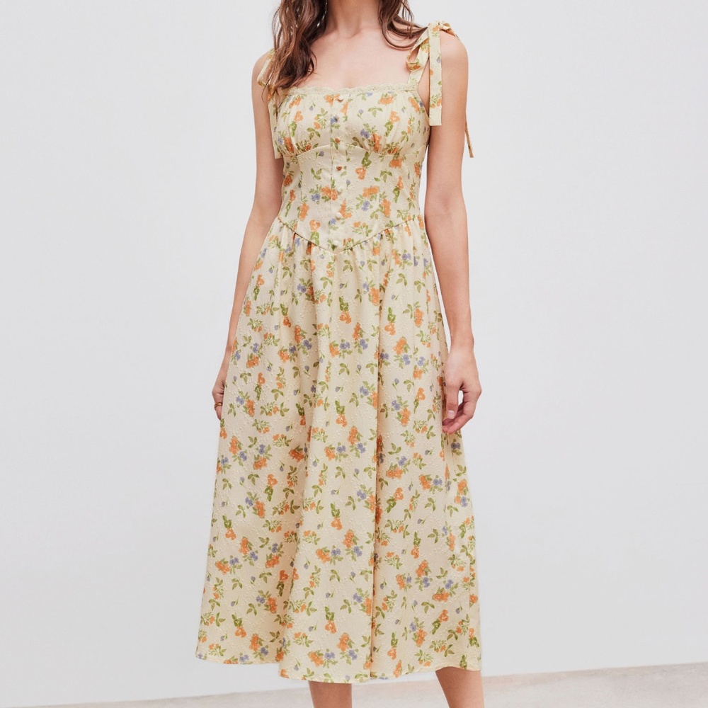 Cider Square Neck Floral Knotted Corset Tie Back Midi Dress Light Yellow